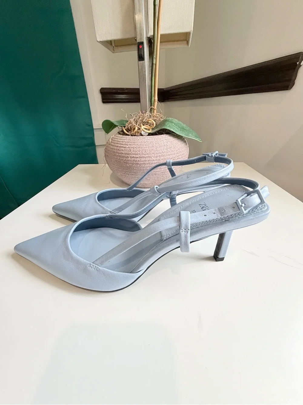 Zara Light Blue Slingback Heels Pointed Toe Size 37 US 6.5